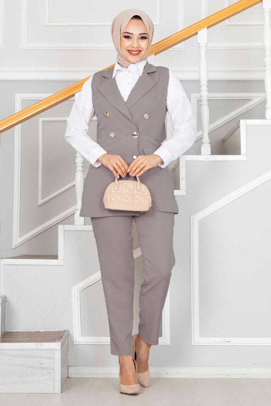 Handkerchief Collar Detailed Hijab Vest Set Light Gray