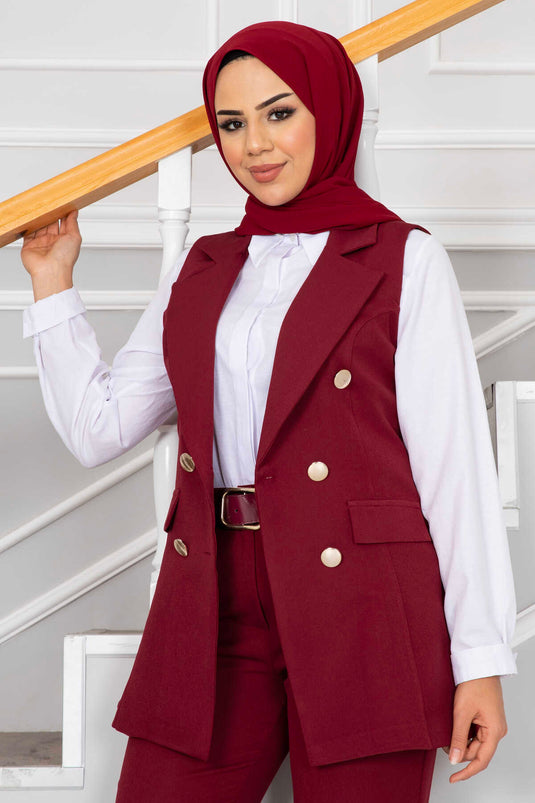 Mendil Yaka Detaylı Tesettür Yelek Takım Bordo