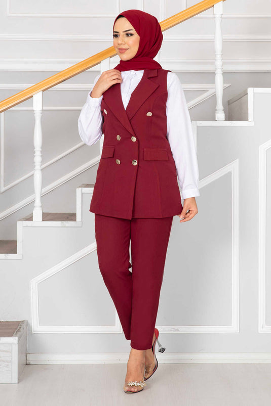 Mendil Yaka Detaylı Tesettür Yelek Takım Bordo