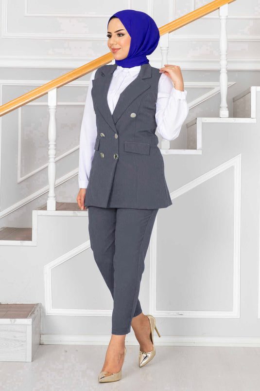 Handkerchief Collar Detailed Modest Vest Set Gray