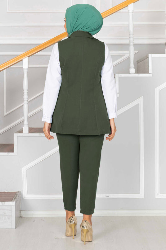 Completo Gilet Tesettür con Dettaglio Colletto Verde Militare