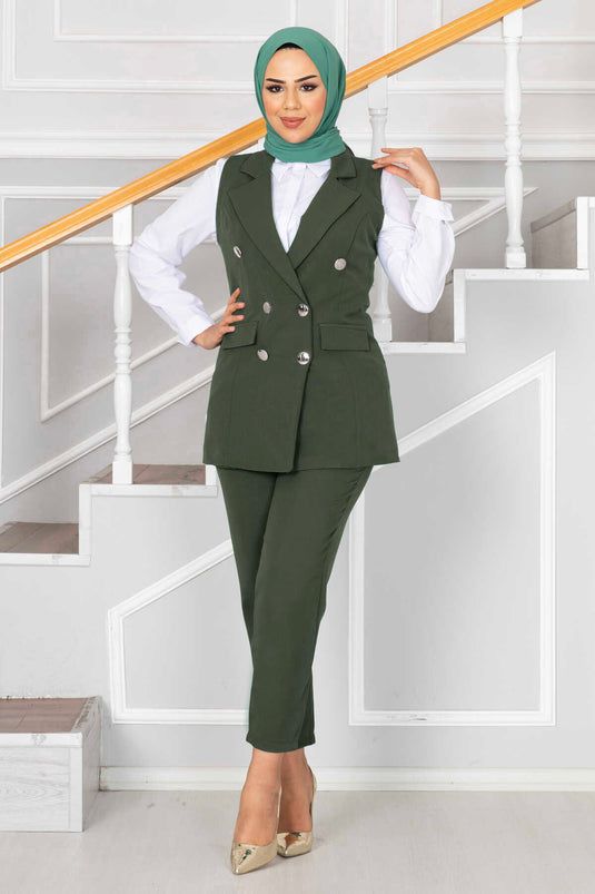 Completo Gilet Tesettür con Dettaglio Colletto Verde Militare