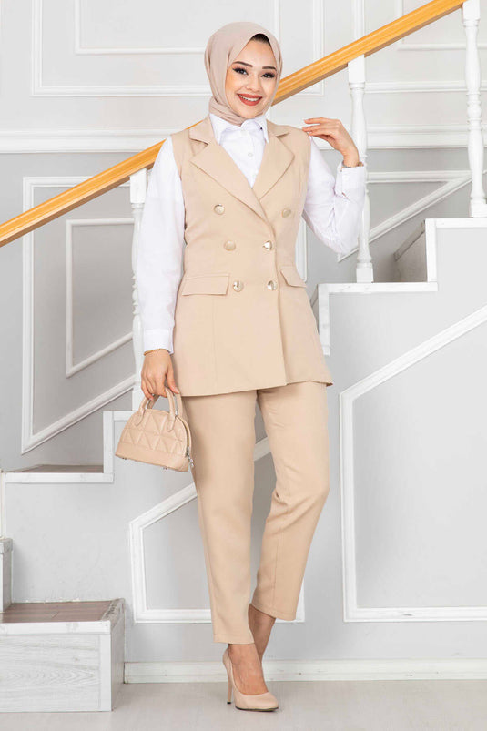 Mendil Yaka Detaylı Tesettür Yelek Takım Krem