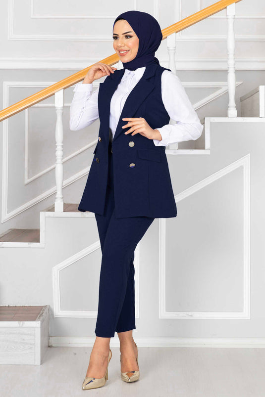 Modest Vest Set with Scarf Collar Detail Navy Blue