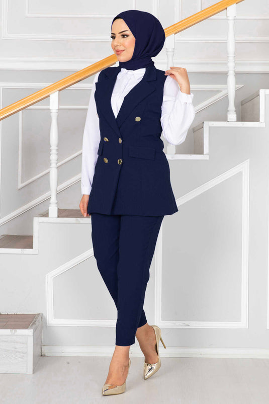 Modest Vest Set with Scarf Collar Detail Navy Blue