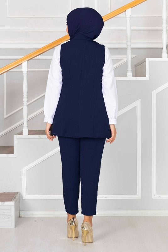 Modest Vest Set with Scarf Collar Detail Navy Blue