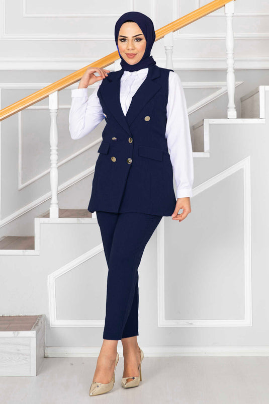 Modest Vest Set with Scarf Collar Detail Navy Blue