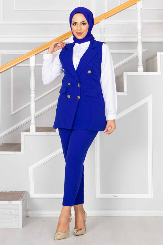 Handkerchief Collar Detailed Hijab Vest Set in Saks