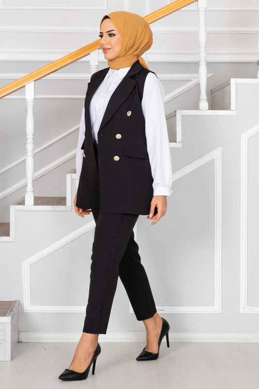 Handkerchief Collar Detailed Modest Vest Set Black