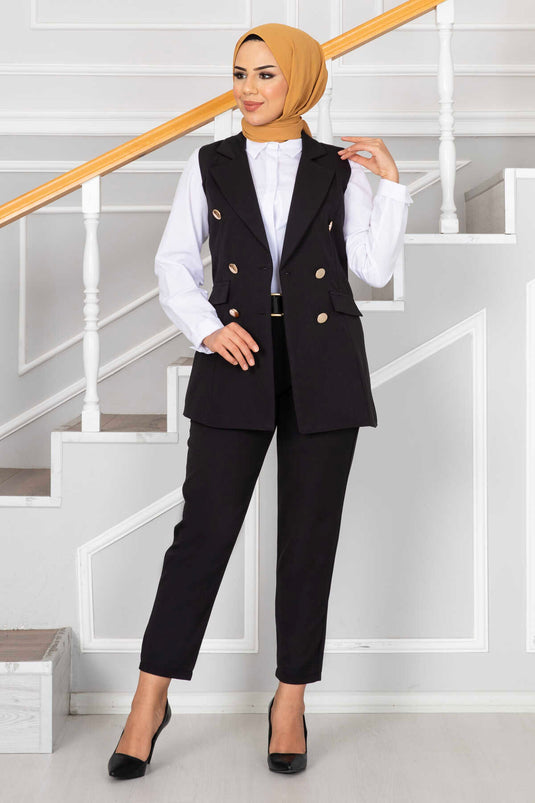Handkerchief Collar Detailed Modest Vest Set Black