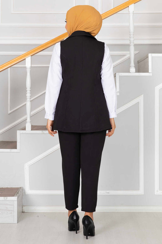 Handkerchief Collar Detailed Modest Vest Set Black