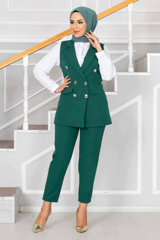 طقم صدرية حجاب بتفاصيل طوق منديل - زمرد