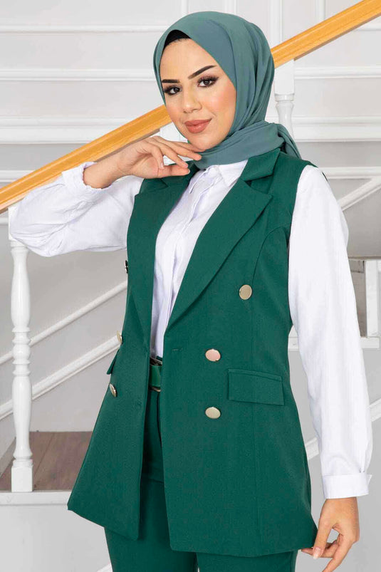 Handkerchief Collar Detailed Hijab Vest Set Emerald