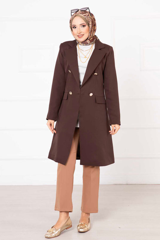 Veste Longue Col Mouchoir Marron