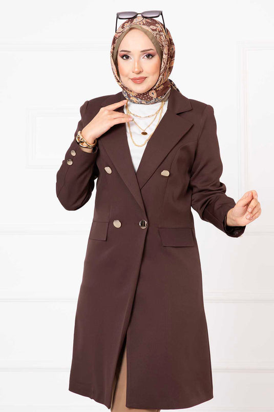 Veste Longue Col Mouchoir Marron