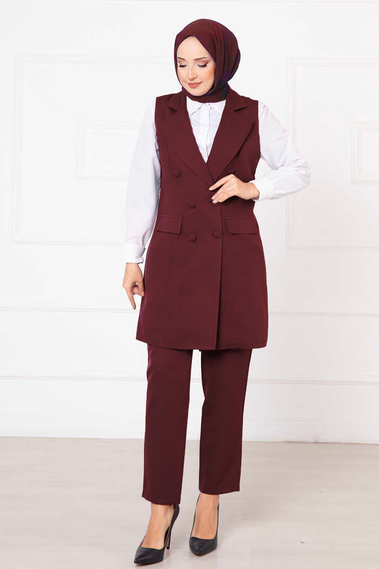Set gilet lungo con colletto a fazzoletto rosso bordeaux