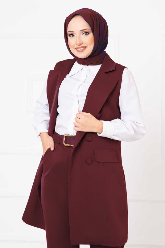 Set gilet lungo con colletto a fazzoletto rosso bordeaux
