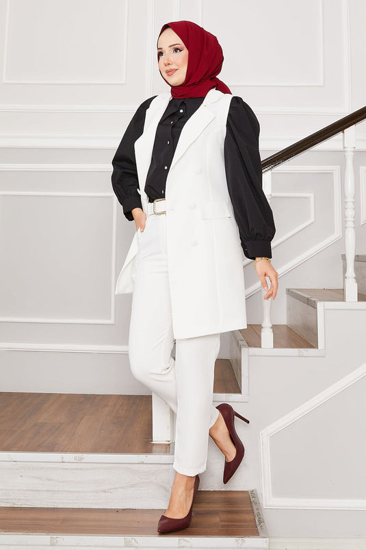 Handkerchief Collar Long Vest Set Ecru