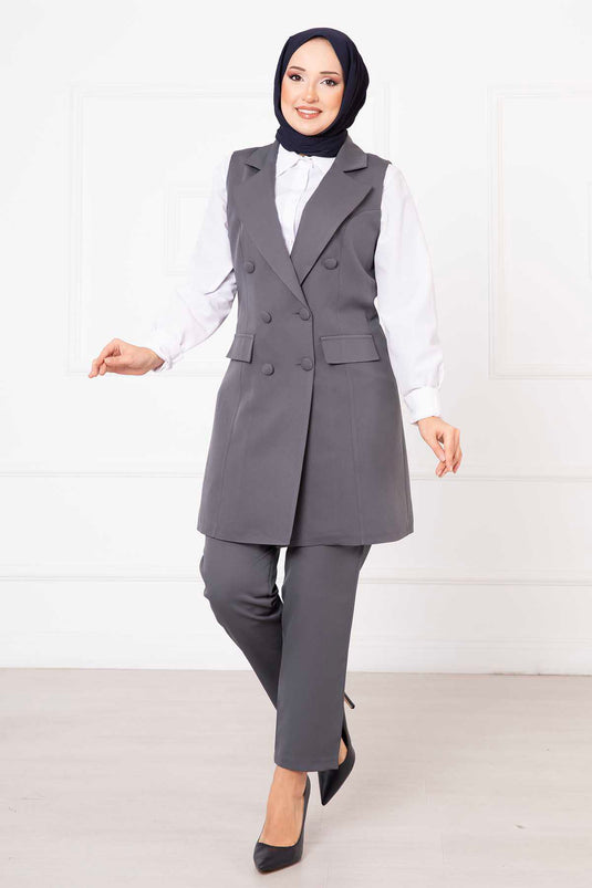 Handkerchief Collar Long Vest Set Gray