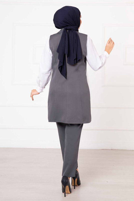 Handkerchief Collar Long Vest Set Gray