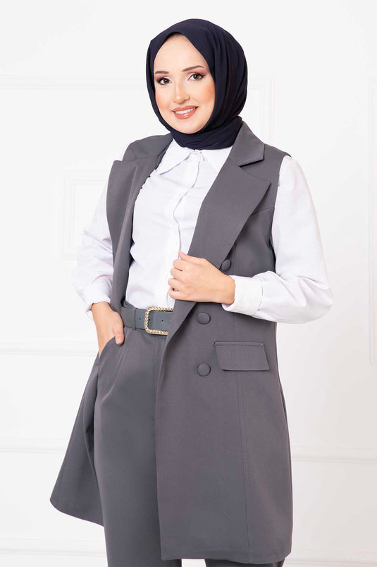Handkerchief Collar Long Vest Set Gray