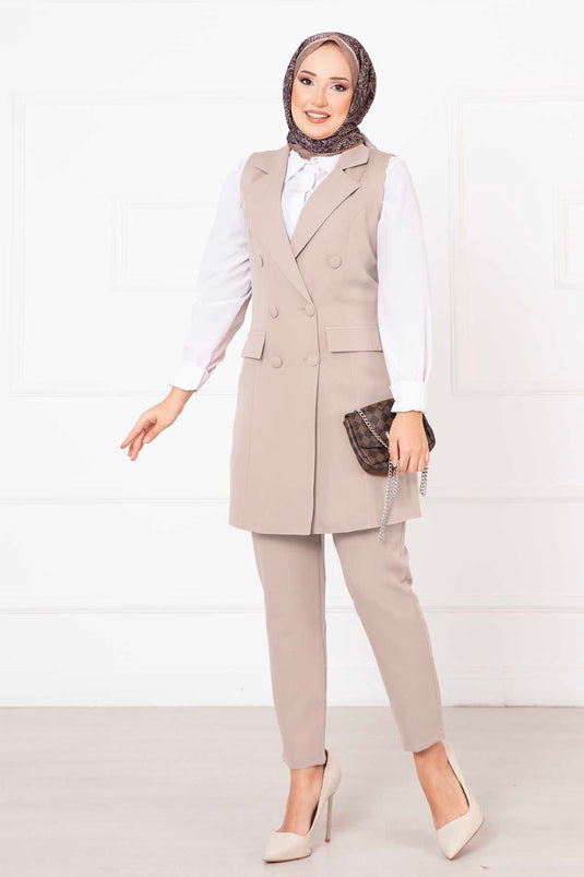 Completo Gilet Lungo con Colletto a Sciarpa Crema