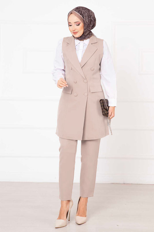 Completo Gilet Lungo con Colletto a Sciarpa Crema