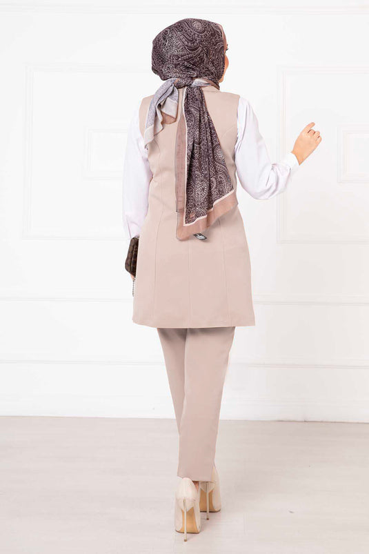 Completo Gilet Lungo con Colletto a Sciarpa Crema