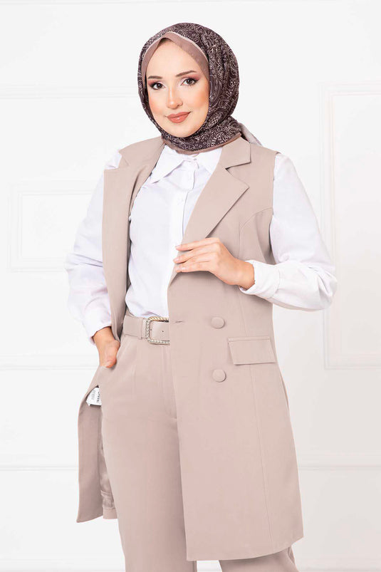 Completo Gilet Lungo con Colletto a Sciarpa Crema