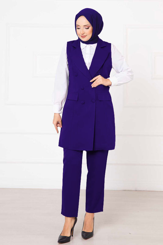 Hanky Collar Long Vest Set Saxe