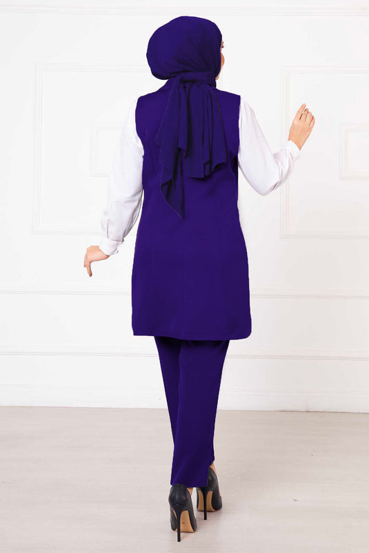 Hanky Collar Long Vest Set Saxe