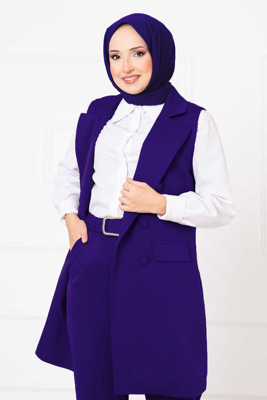 Hanky Collar Long Vest Set Saxe