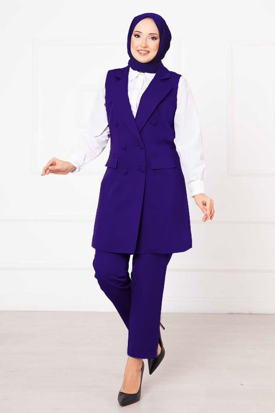 Hanky Collar Long Vest Set Saxe