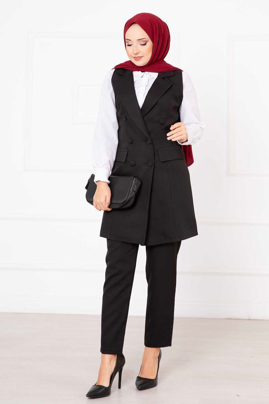 Handkerchief Collar Long Vest Set Black