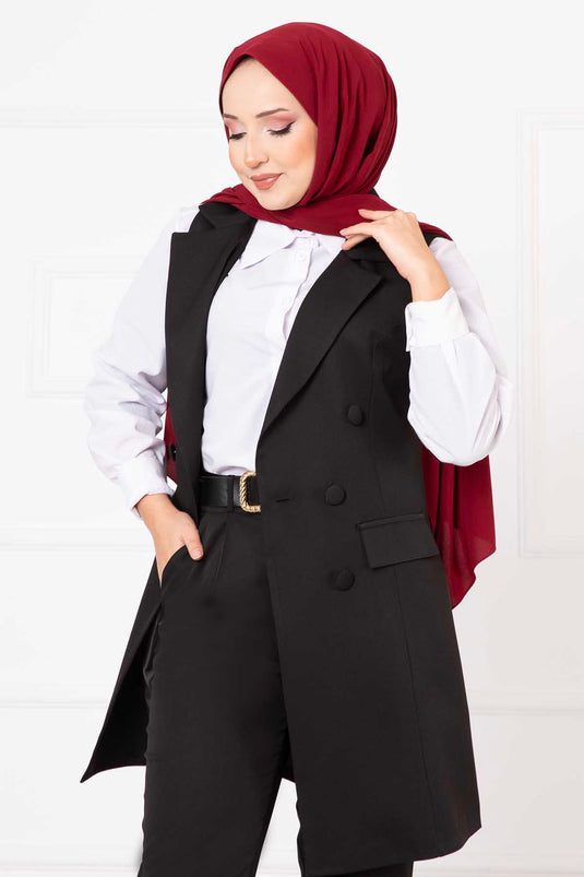 Handkerchief Collar Long Vest Set Black