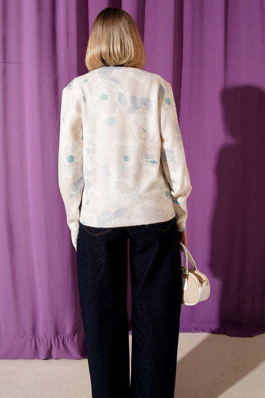 Violet Flower Print Knitted Sweater, Beige