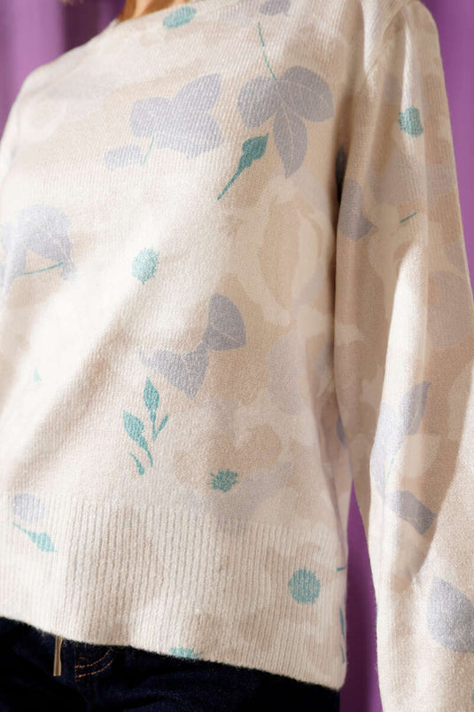 Violet Flower Print Knitted Sweater, Beige