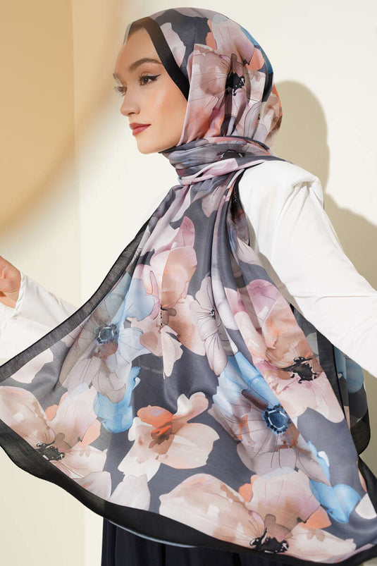 Menekşe Desen Şal Siyah