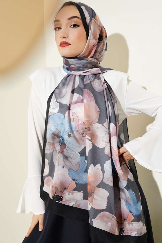 Menekşe Desen Şal Siyah