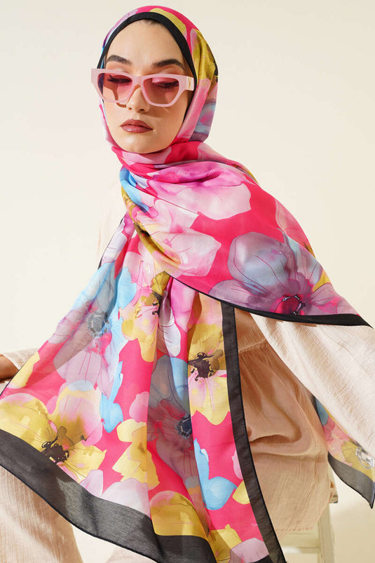 Menekşe Desen Şal Siyah Fuşya