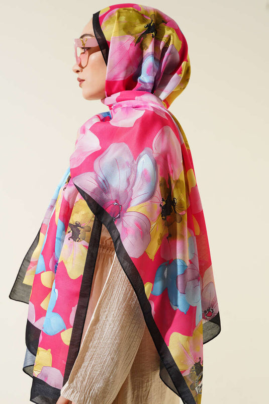 Menekşe Desen Şal Siyah Fuşya