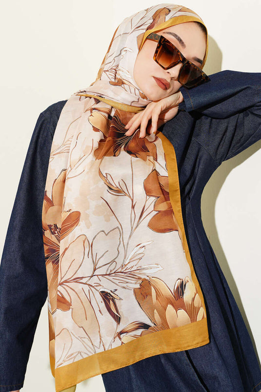 Menekşe Desen Şerit Geçişli Şal Yağ Yeşili