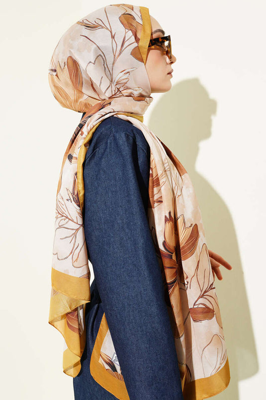 Menekşe Desen Şerit Geçişli Şal Yağ Yeşili