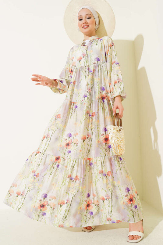 Vestido con estampado jaspeado violeta, verde almendra