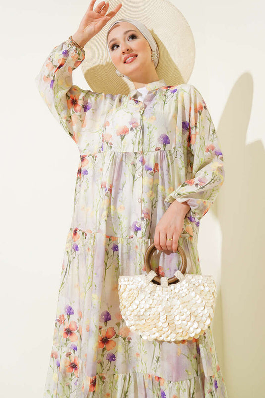 Vestido con estampado jaspeado violeta, verde almendra