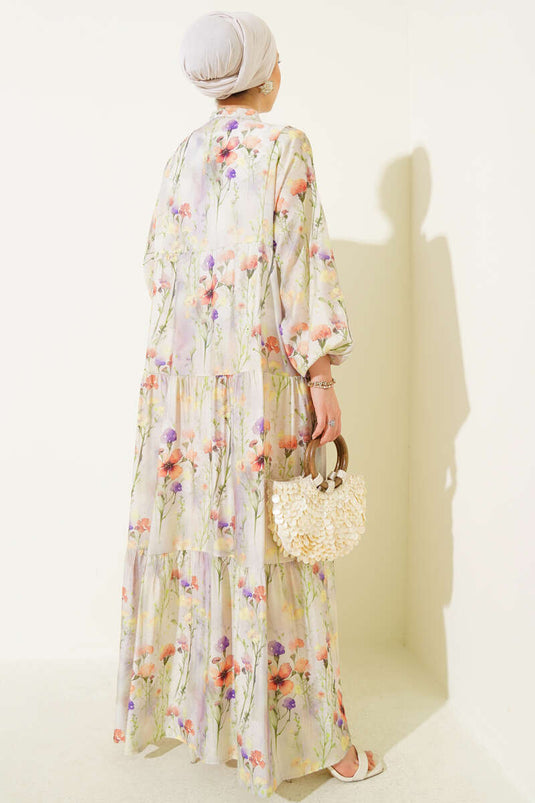 Vestido con estampado jaspeado violeta, verde almendra