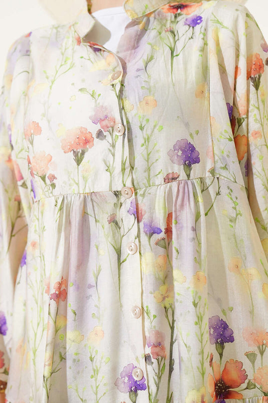 Vestido con estampado jaspeado violeta, verde almendra