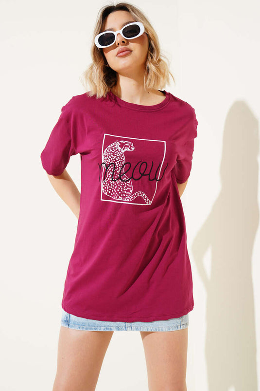 Maglietta stampata Meow Prugna