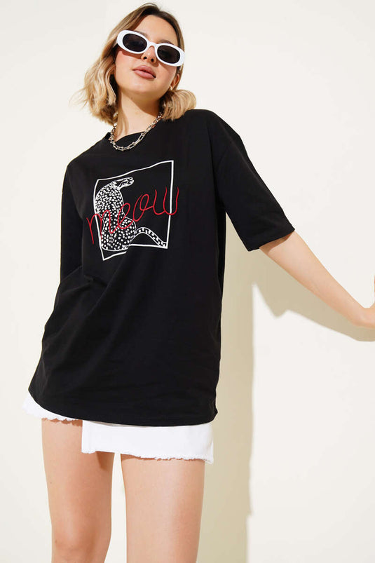 Maglietta stampata Meow nera