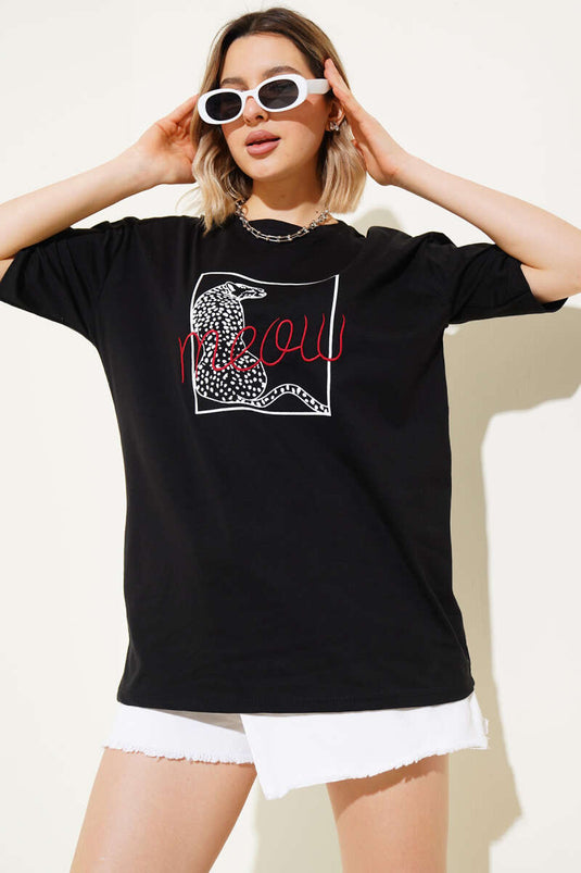 Maglietta stampata Meow nera